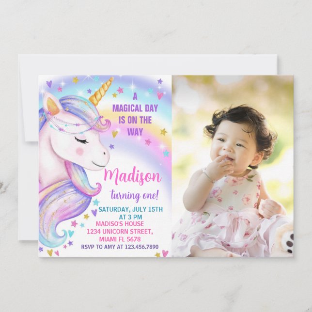 Rainbow Unicorn Birthday Invitation with photo (Front)