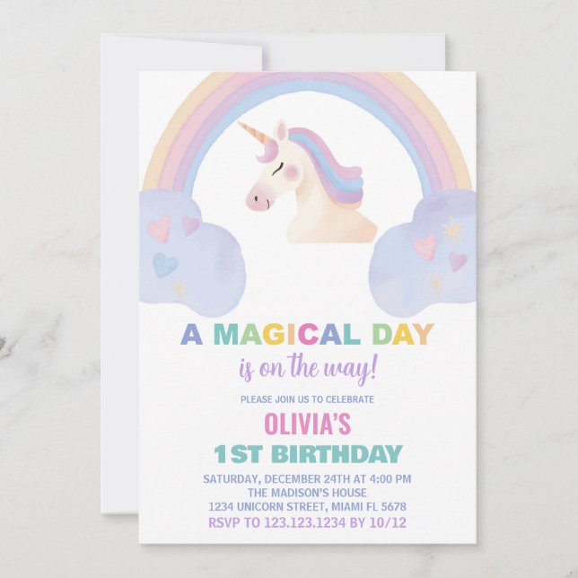 Rainbow Unicorn Birthday Invitations (Front)