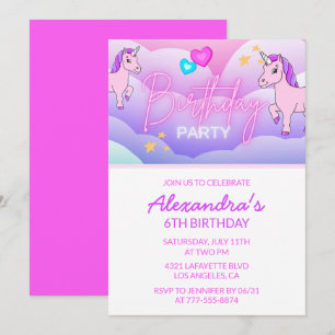 Rainbow Unicorn Birthday Invitations 6th Pink