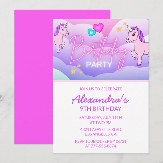 Rainbow Unicorn Birthday Invitations 9th Pink (Front/Back)
