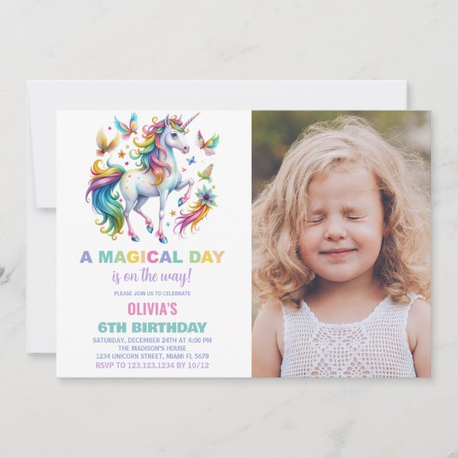 Rainbow Unicorn Birthday Invitations photo (Front)