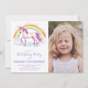Rainbow Unicorn Birthday Invitations with photo