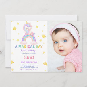 Rainbow Unicorn Birthday Invitations with photo