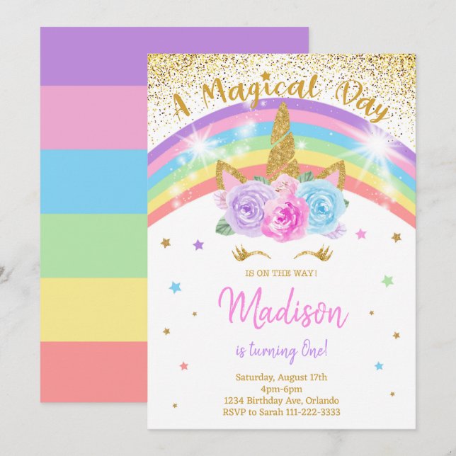 Rainbow Unicorn Birthday Invite (Front/Back)