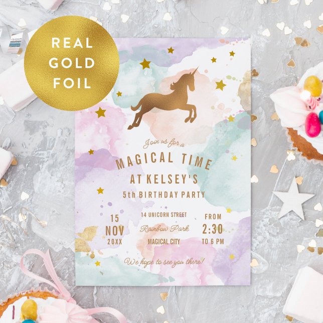 Rainbow Unicorn Birthday Party (UNICORN birthday party invitation with real rose gold foil)