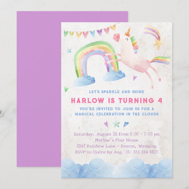 Rainbow Unicorn Birthday Party Invitation (Front/Back)