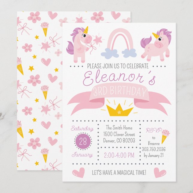 Rainbow Unicorn Birthday Party Invitation  (Front/Back)