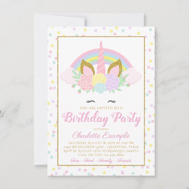 Rainbow Unicorn Birthday Party Invitations (Front)