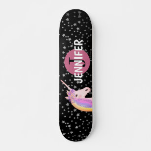 Rainbow Unicorn Black Pink Monogram Personalized Skateboard