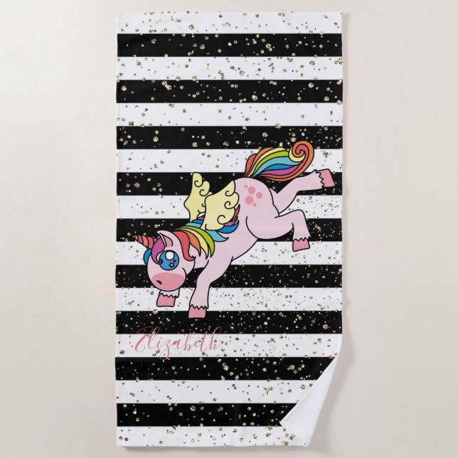 Rainbow Unicorn,Black White Striped -Personalized Beach Towel (Front)