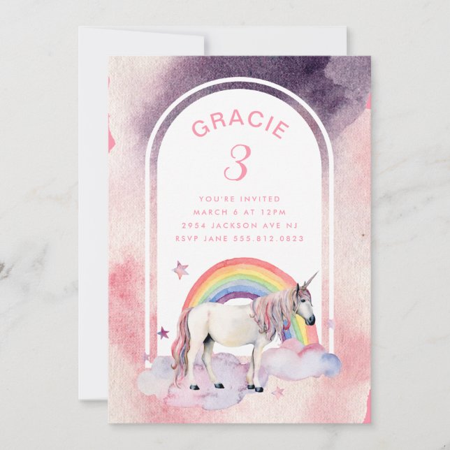 Rainbow Unicorn Boho Arch Birthday Party Girl Invitation (Front)