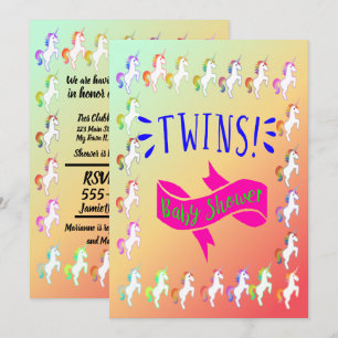 Rainbow Unicorn Border Twins Celebration Design Invitation