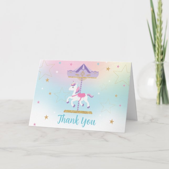 Rainbow Unicorn Carousel 1st Birthday Gold Folded Thank You Card (Front)