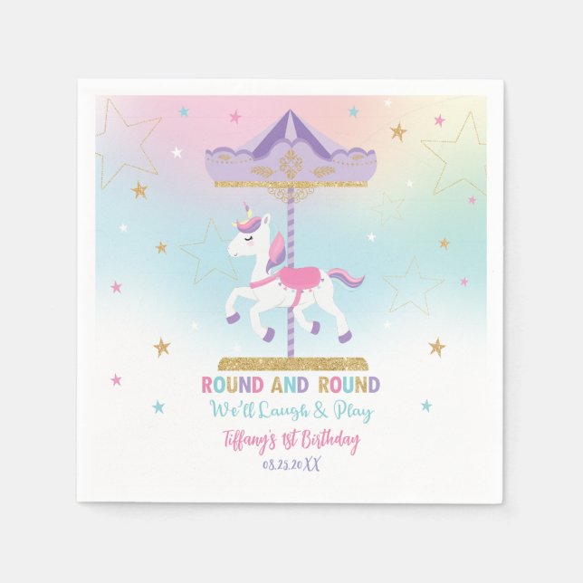 Rainbow Unicorn Carousel 1st Birthday Gold Glitter Napkin (Front)