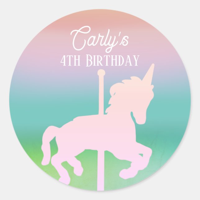 Rainbow Unicorn Carousel Birthday Classic Round Sticker (Front)