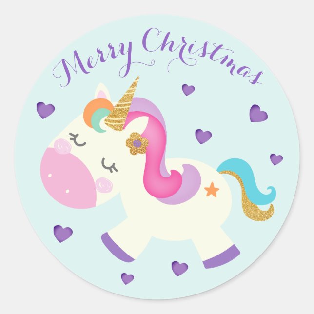 Rainbow Unicorn Christmas Glitter Aqua Classic Round Sticker (Front)