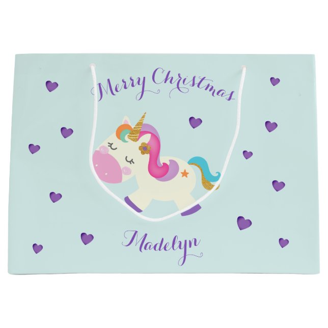 Rainbow Unicorn Christmas Glitter Aqua Large Gift Bag (Front)
