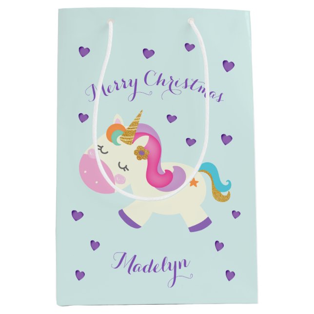 Rainbow Unicorn Christmas Glitter Aqua Medium Gift Bag (Front)