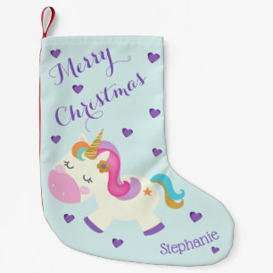 Rainbow Unicorn Christmas Glitter Aqua Small Christmas Stocking