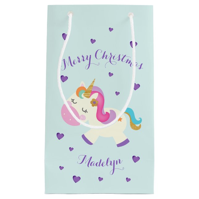 Rainbow Unicorn Christmas Glitter Aqua Small Gift Bag (Front)