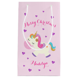 Rainbow Unicorn Christmas Glitter Pink Small Gift Bag