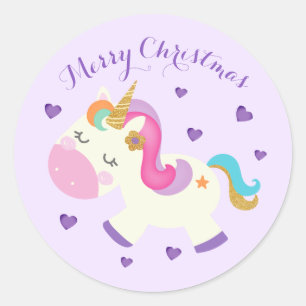 Rainbow Unicorn Christmas Glitter Purple Classic Round Sticker