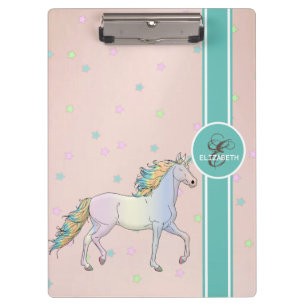 Rainbow Unicorn, Colourful Stars, Monogram Clipboard