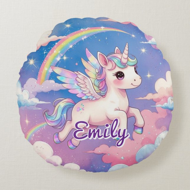 Rainbow Unicorn Coussin rond personnalisé (Devant)