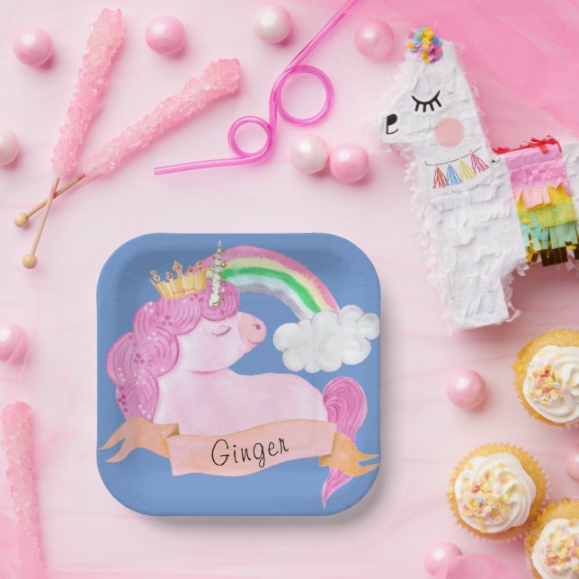 🌈Rainbow Unicorn Custom Name    Paper Plate (Party)