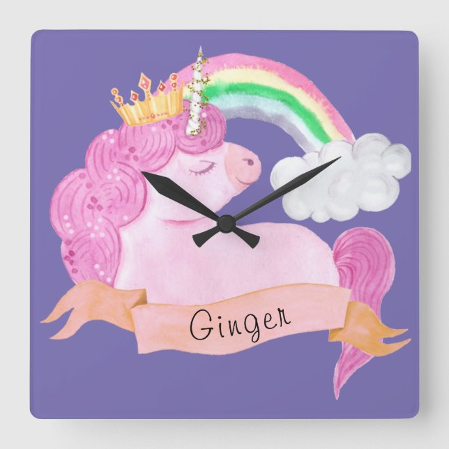 🌈Rainbow Unicorn Custom Name    Square Wall Clock (Front)