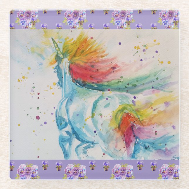 Rainbow Unicorn Cute Girls Purple Pansy Coaster (Front)