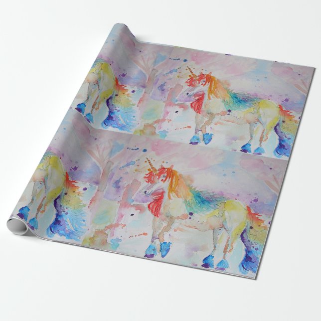 Rainbow Unicorn Cute magical Watercolour Wrapping Paper (Unrolled)