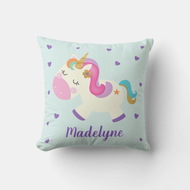 Rainbow Unicorn Cute Personalized Name Aqua Throw Pillow (Front)