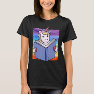Rainbow Unicorn Cute Unicorn Face Reading A Book T-Shirt