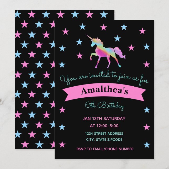 Rainbow Unicorn Et Étoiles Anniversaire Invitation (Devant / Derrière)