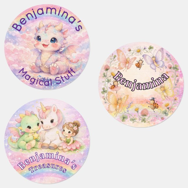Rainbow Unicorn Fairy Dragon Cute School Name Labe (Group)