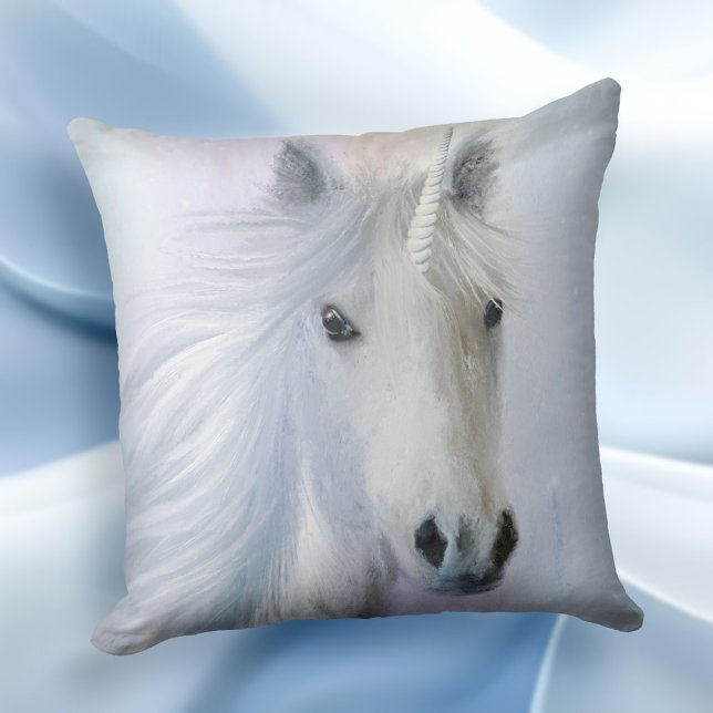 Rainbow Unicorn Fantasy Fine Art Pillow (Pillow featuring a painting of a unicorn on a pastel rainbow - magical dream world)