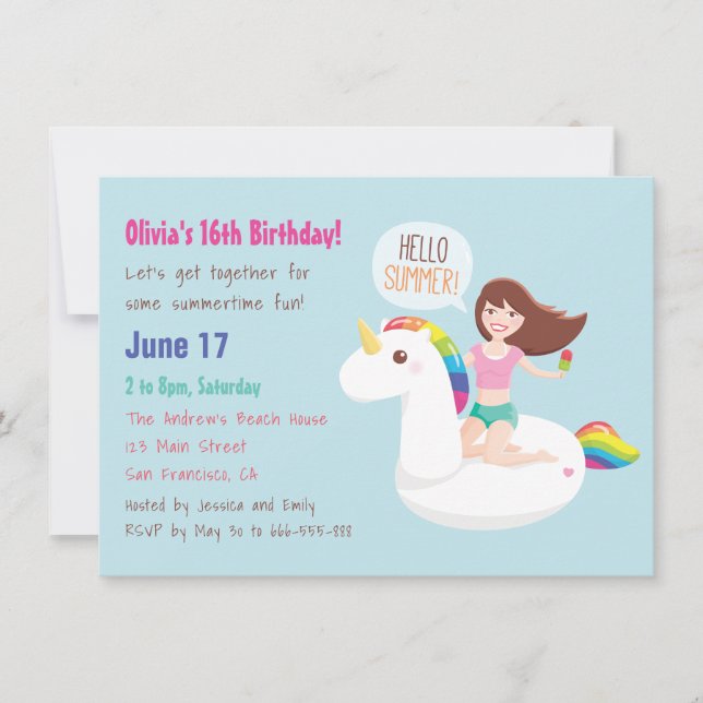 Rainbow Unicorn Float Summer Birthday Party Invitation (Front)