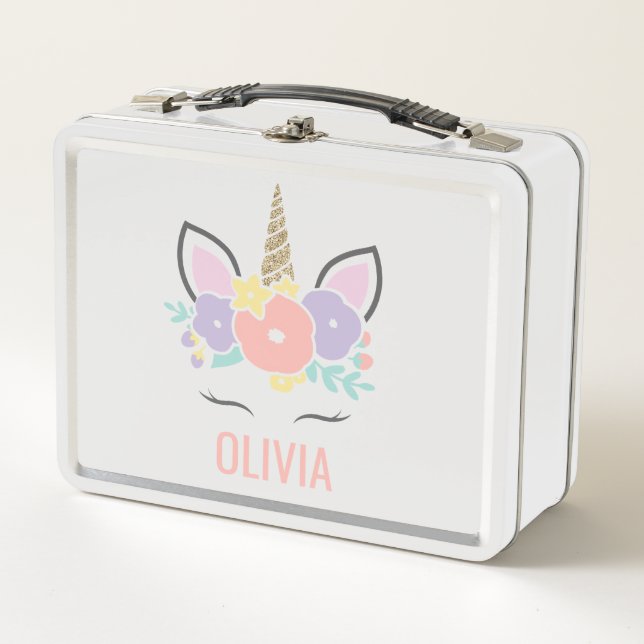 rainbow Unicorn floral face School Lunch Box (Front)