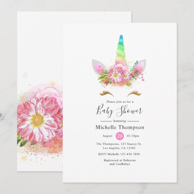Rainbow Unicorn Girl Baby Shower Invitation (Front/Back)