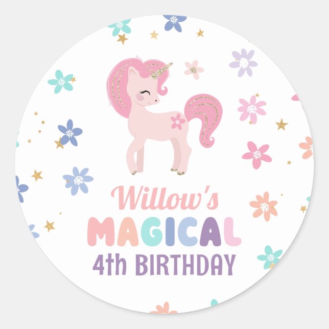 Rainbow Unicorn Girl Birthday Favour Round Sticker (Front)