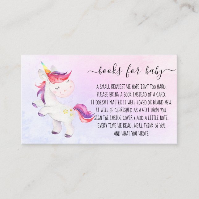 Rainbow Unicorn Girl Book Request for Baby Shower Enclosure Card (Front)