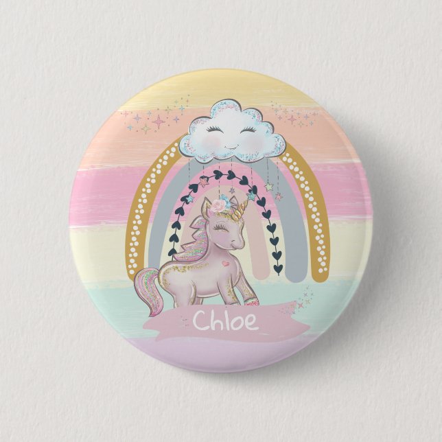 🦄Rainbow Unicorn Girl Custom Name Heart  2 Inch Round Button (Front)