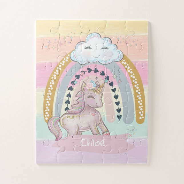 🦄Rainbow Unicorn Girl Custom Name Heart Jigsaw Puzzle (Vertical)