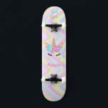Rainbow Unicorn Girl Skateboard<br><div class="desc">Make this sweet Unicorn Skateboard your own by adding your text. To access advanced editing tools on Zazzle, please go to "Personalize this template" and click on "Details", scroll down and press the "click to customize further" link. Great gift idea for Girls who love unicorns!</div>