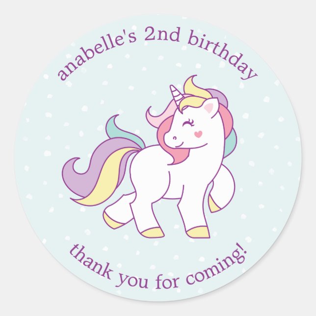 Rainbow Unicorn Girls Birthday Party Classic Round Sticker (Front)