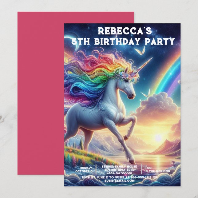 Rainbow Unicorn Girly Anniversday Party Invitation (Devant / Derrière)