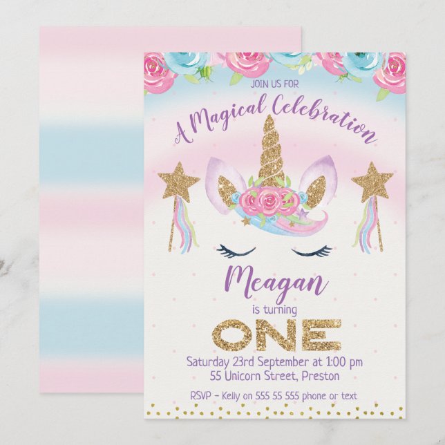Rainbow Unicorn Glitter 1st Birthday Invitation (Front/Back)