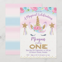 Rainbow Unicorn Glitter 1st Birthday Invitation