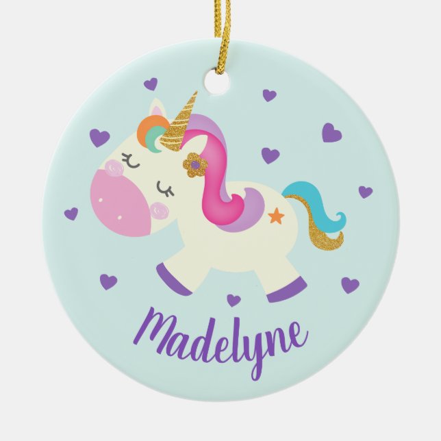 Rainbow Unicorn Glitter Christmas Aqua Name Ceramic Ornament (Front)